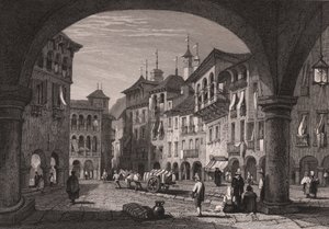 Ansicht des Marktplatzes in Domodossola, Piemont, Italien, Stahlstich nach einer Zeichnung von Samuel Prout von Samuel Prout