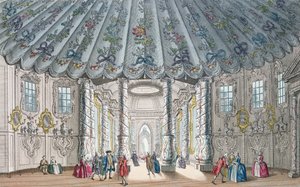 Innenansicht des eleganten Musikzimmers in den Vauxhall Gardens, graviert von H. Roberts, 1752