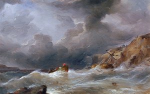Ein Boot sank an einer felsigen Küste, mit dem Rettungsboot voller Überlebender. Öl auf Leinwand von Samuel Walters von Samuel Walters