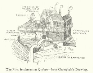 Die erste französische Siedlung in Quebec, frühes 17. Jahrhundert (Lithografie) von Samuel de Champlain