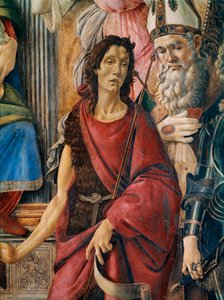 Pala di San Barnaba (Altarbild des Heiligen Barnabas): Unsere Liebe Frau mit einem Kind und den Heiligen Katharina von Alexandria, Augustinus, Barnabas und Johannes der Täufer, Ignatius von Antiochien und Erzengel Michael (Detail) von Sandro Botticelli