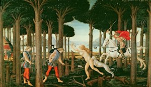 Nastagios Vision der geisterhaften Verfolgung im Wald: Szene I der Geschichte von Nastagio degli Onesti, ca. 1483 von Sandro (and workshop) Botticelli