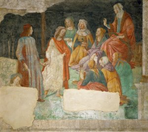 Ein Jüngling (Lorenzo Tornabuoni?) wird von Minerva in den von Sandro Botticelli