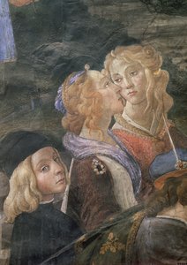 Die Reinigung des Aussätzigen und die Versuchung Christi, in der Sixtinischen Kapelle: Detail von zwei Frauen und einem Jungen in der Menge, 1481