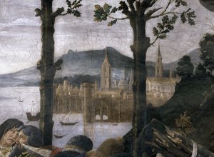 Die Reinigung des Aussätzigen und die Versuchung Christi, in der Sixtinischen Kapelle: Detail einer imaginären Hafenstadt in einer Landschaft, 1481