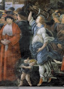 Die Reinigung des Aussätzigen und die Versuchung Christi, in der Sixtinischen Kapelle: Detail einer Frau, die Feuerholz trägt, und eines Jungen, der Trauben trägt, 1481 von Sandro Botticelli