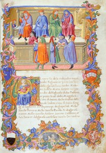 Das Tribunale della Mercanzia (Handelsgericht), Miniatur aus Statuten der Kaufleute Nr. 6 von Sano di Pietro
