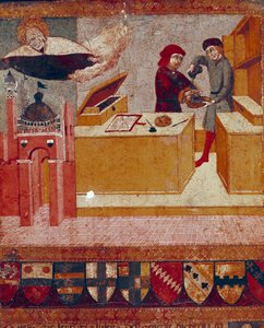 Der Kämmerer wäscht symbolisch seine Hände, während die schützende Jungfrau über Siena fliegt (Detail) von Sano di also Ansano di Pietro di Mencio Pietro