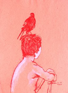 Ruhiger Junge und Vogel