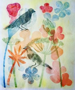 Zwei Vögel und Blumen