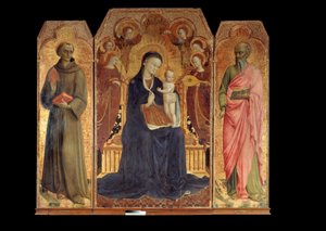 Die Jungfrau und das Kind, umgeben von sechs Engeln. Umgeben von: Heiliger Antonius von Padua und Heiliger Johannes der Evangelist. Altarbild von Stefano di Giovanni Sassetta