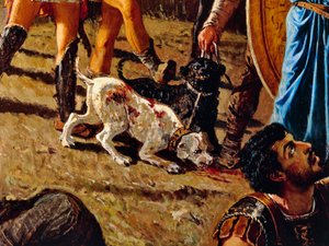 Hunde auf dem Schlachtfeld, Detail aus Der Triumph des Marius, Gemälde von Francesco Saverio Altamura (1822-1897)