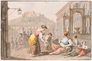 Aquarell; Eine Frau verkauft gerösteten Mais