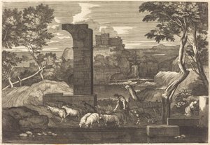 Landschaft mit Bauer und seiner Herde