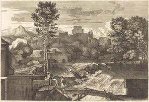 Landschaft mit zwei Figuren auf einer Brücke von Sébastien Bourdon
