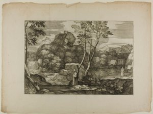 Landschaft mit einem toten Mann und zwei Priestern von Sébastien Bourdon