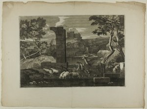 Landschaft mit einem Hirten und seiner Herde von Sébastien Bourdon