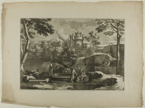 Ansicht einer Stadt (Christus mit dem barmherzigen Samariter am Brunnen) von Sébastien Bourdon