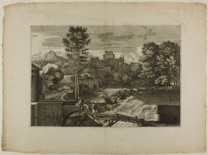 Wasserfall an einer Steinbrücke, mit Schloss in der Ferne