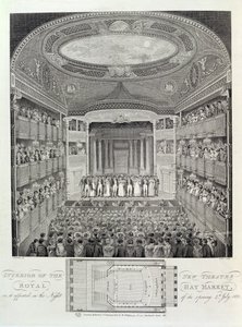 Innenansicht des neuen Theatre Royal, Haymarket, wie es in der Nacht seiner Eröffnung am 4. Juli 1821 erschien, graviert von James Stow, 1823