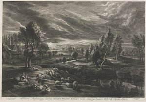 Landschaft mit Schäfer, der eine Flöte spielt von Schelte Adams Bolswert