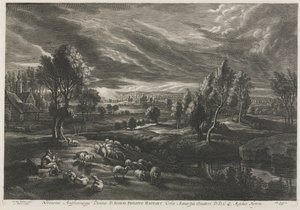 Landschaft mit Hirten, der eine Flöte spielt von Schelte Adams Bolswert