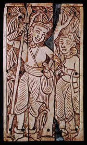 Relief, das zwei Frauen unter einem Asoka-Baum darstellt, aus Begram, 2.-3. Jahrhundert n. Chr. von School Afghan