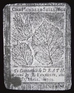Eine 100-Schilling-Note, entworfen und gedruckt von Benjamin Franklin im Jahr 1759 von School American