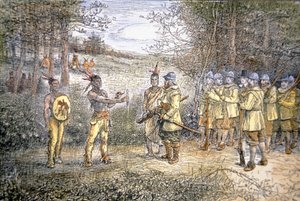 Kapitän Miles Standish handelt mit Wampanoag-Indianern im Jahr 1621