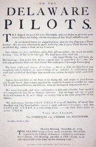 Faksimile der Proklamation der Patrioten von Philadelphia an die Delaware-Piloten, sie sollten nicht mit dem britischen Teeschiff handeln, 7. Dezember 1773