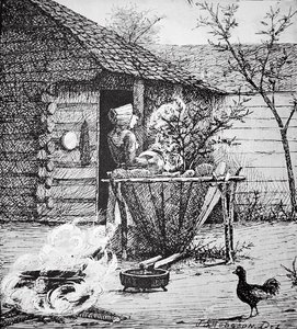 Landschaftsszene - eine Frau an einem Waschbottich, nach einer Illustration von J. S. Hodgson von School American