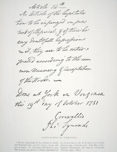 Kapitulationsbrief von Yorktown, unterzeichnet von Lord Cornwallis von School American