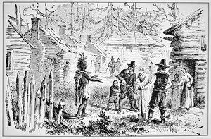 Samoset, Häuptling der Pemaquids, besucht die Pilgerväter im Jahr 1621 von School American