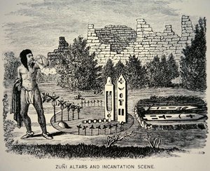 Zuni-Stammesangehöriger bläst Pollen über ein Pueblo-Heiligtum von School American