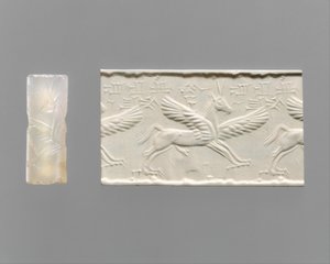 Zylindersiegel und moderner Abdruck: geflügeltes Pferd mit Klauen und Hörnern, ca. 14.–13. Jahrhundert v. Chr. (Chalcedon) von School Assyrian