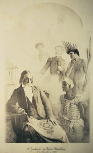 Gründer des brasilianischen Landes, 7. September 1822 - Eine Allegorie, die die drei Rassen darstellt: den afrikanischen Sklaven, den Portugiesen und den einheimischen Indianer mit Jose Bonifacio (1763-1838) und Pedro I. (1793-1834)