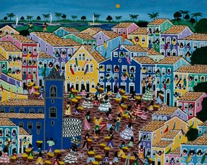 Naive Kunstmalerei, die einen Markt darstellt, Bahia, Brasilien von School Brazilian