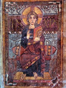 Karolingische Kunst: Christus in Majestät. Miniatur aus dem Manuskript Evangeliaire de Godescalc, Ecole du Palais de Charlemagne (Folio 3) Kopie von Godescalc aus dem Schatz von Saint-Sernin de Toulouse, Bibliothèque du Louvre, 781-783. BN, Paris