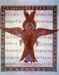 Darstellung eines Miniatur-Seraphins aus dem karolingischen Manuskript „Sacramentaire de Drogon“, bestimmt für Drogon, Sohn von Karl dem Großen. 9. Jahrhundert Paris, B.N.