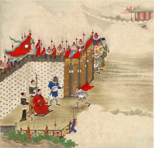 Chinesische Kunst: Ein chinesischer Prinz empfängt einen Boten, Tempera auf Seide, chinesische Schule um 1820, Maße 24,6x23,7 cm, Privatsammlung von School Chinese
