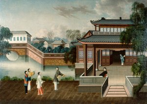 Figuren nähern sich einem Herrenhaus am Fluss, ca. 1800 von School Chinese