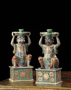 Paar Export-Famille-Verte-Kerzenhalter, Kangxi