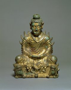 Sitzender Buddha mit flammenden Schultern, chinesische Sechs Dynastien Periode, Nördliche Wei-Dynastie, 3.-5. Jahrhundert