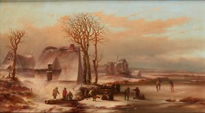 Eine Winterlandschaft mit Figuren auf einem zugefrorenen See
