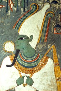 Altes Ägypten, Malerei, Osiris, Grab von Horemheb, Theben, Gott des Jenseits, der Unterwelt und der Toten, grünhäutig mit einem Pharaonenbart, trägt eine Krone mit zwei großen Straußenfedern an jeder Seite und hält einen symbolischen Krummstab und eine Gei von School Egyptian
