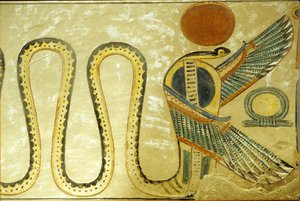 Altes Ägypten, Wandmalerei, Grab von Amon hir Khopshef, Uraeus und geflügelte Schlangen bewachen den Eingang zur Grabkammer, 20. Dynastie, Tal der Königinnen von School Egyptian