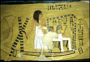 Altes Ägypten, Wandmalerei im Grab von Inherkhau, Theben, Grab der Adligen, 20. Dynastie, Inherkhau steuert ein Boot mit zwei Göttern, die in einem Schrein sitzen von School Egyptian