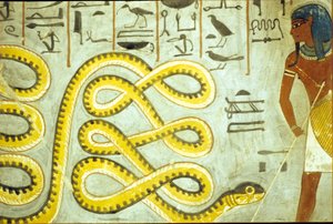 Altes Ägypten, Wandmalerei, Grab von Ramses I., Tal der Könige, Ramses I. tötet den Schlangengott der Unterwelt von School Egyptian