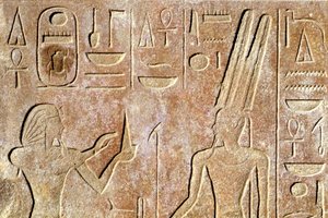 Altes Ägypten, Wandmalerei/Schnitzerei, Karnak/Luxor-Tempel, Hatschepsut bietet Amon Ra Brot an