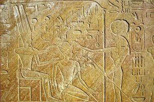 Altes Ägypten, Wandmalerei/Gravur, Sakhmet spricht Amon Ra und Hatschepsut an, Karnak-Tempel, Luxor